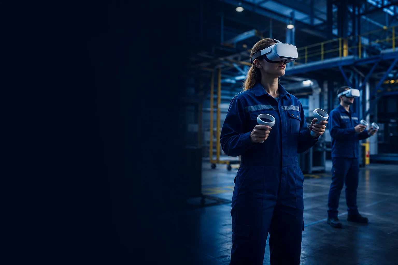Operarios usando cascos VR en planta industrial con dashboards inmersivos