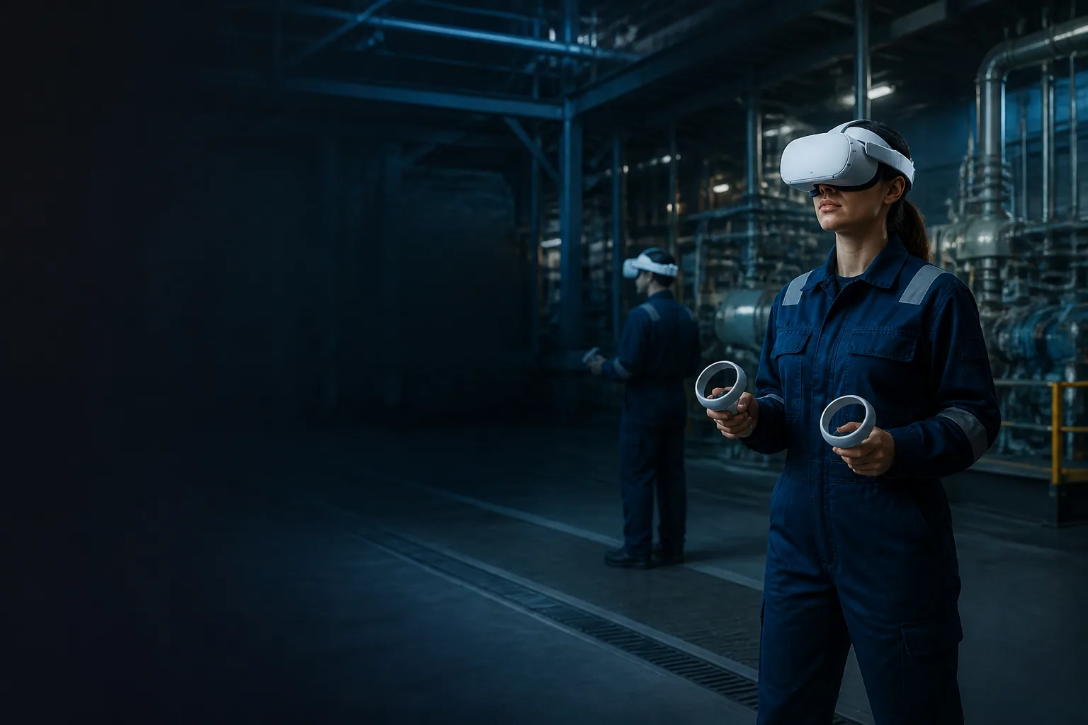 Operarios industriales usando cascos VR en planta industrial con espacio oscuro para texto